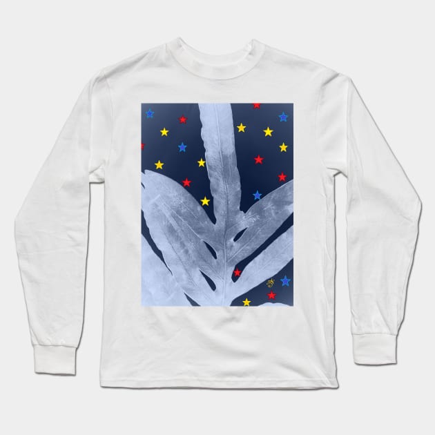 Green Fern Silver Blue with Starry Night, Stars Long Sleeve T-Shirt by ANoelleJay